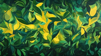 A vibrant depiction of a jungle with abstract leaf shapes in bold greens and yellows, creating a lush, natural scene
