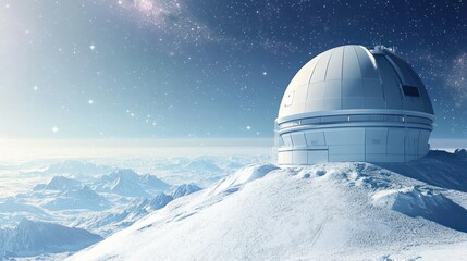 Modern Observatory Perched Atop Snowy Mountain Range