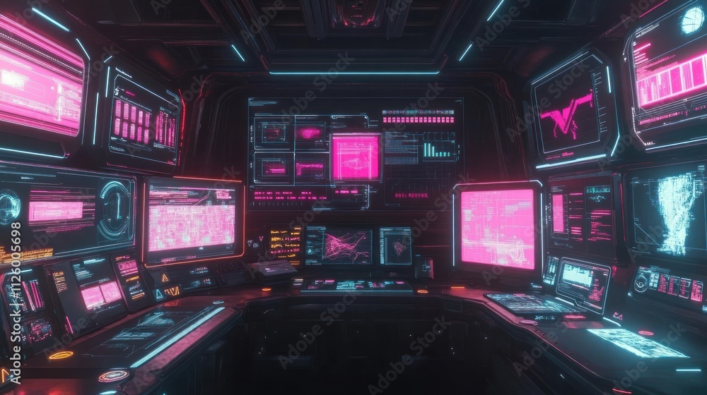 Poster futuristic control room filled with neon screens displaying data