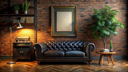 Obraz premium Dark Room Interior Design: Brick Wall, Leather Sofa, Vintage Typewriter, Books, Poster Frame, Parquet Floor - 3D Render