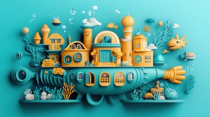 Naklejka premium Underwater Town Aboard A Submarine Vessel