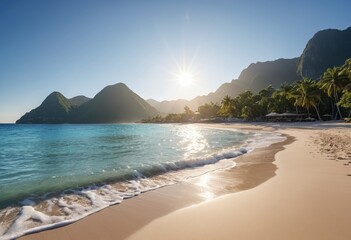 Tropical beach with palm trees and turquoise sea under clear blue sky, sandy shore and peaceful waves, perfect summer holiday destination