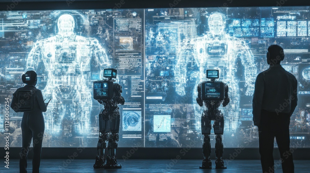 Poster humans and robots observe digital human schematics