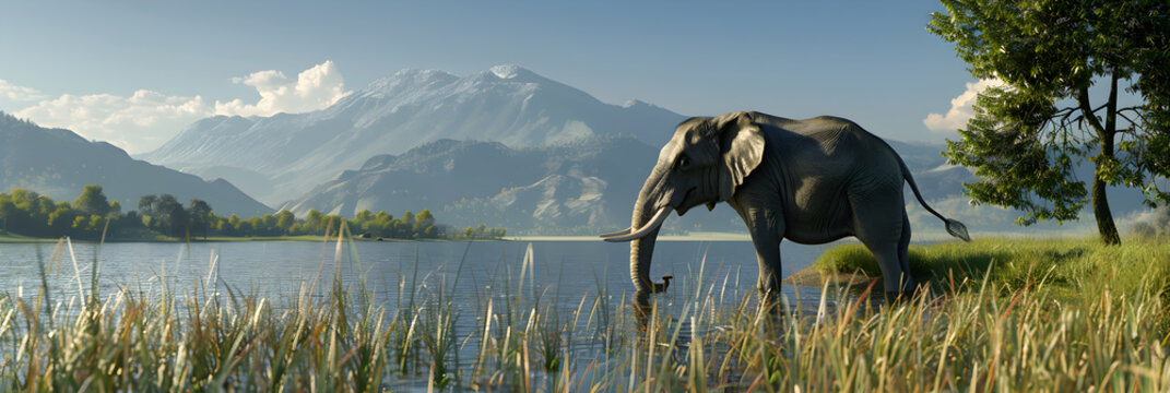 Striking Image of a Lone Elephant in a Tropical Landscape Near a Serene Lake