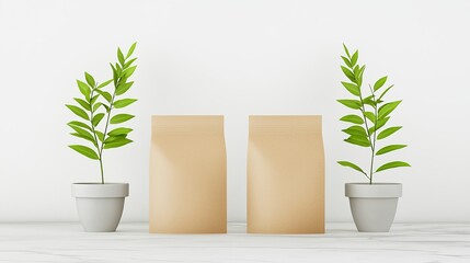 Obraz premium Coffee mockup with blank packaging and green plants minimalist studio clean aesthetic for marketing
