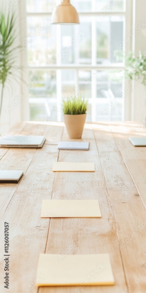 Poster sunlit workspace with organized notes on wooden table