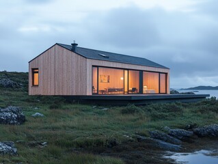 Obraz premium modern wooden house in a serene landscape