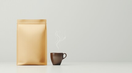 Coffee mockup display blank package with steaming cup minimalist design studio setting