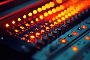 Close-up of illuminated audio mixing board. Ideal for music, technology, and sound engineering projects.