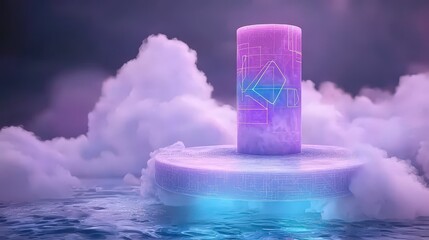 Futuristic Cylinder Podium  Neon  Clouds  Abstract Geometry