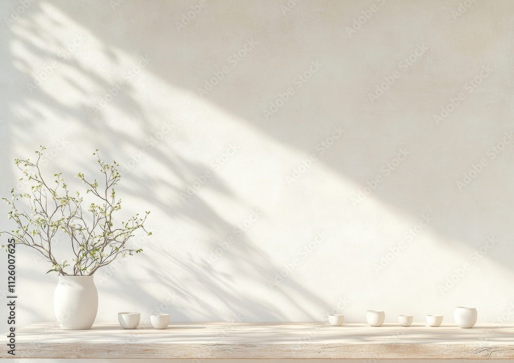 Poster minimalist clay sculpture display on wooden table with ethereal shadows