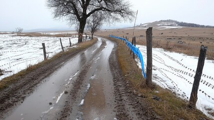Muddy Rural Road  Winter Landscape  Snow  Fence  Barbed Wire  Countryside