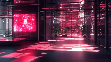 Naklejka premium Modern building interior with pink lighting and digital display