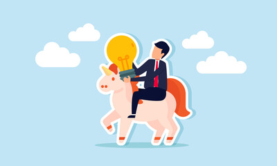 A businessman carries a lamp while riding a unicorn, illustration of creativity in bringing new ideas and innovations to maintain the growth of unicorn-level startup businesses