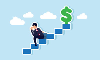 A businessman feels sad and sits on the middle of stairs leading to a dollar sign, illustration of stopping the fight before finishing or completing the pursuit of business profit