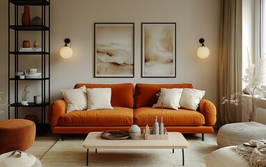 Cozy living room with orange sofa, artwork, and warm lighting.