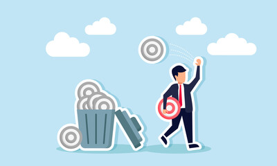 A businessman walks carrying a target board and throws a grayscale target board into a trash bin, illustration of step-by-step completing business targets