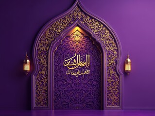 Ornate purple door with intricate designs and Arabic calligraphy.