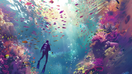 Diver exploring vibrant coral reef teeming with colorful fish, sunlight streaming from above.