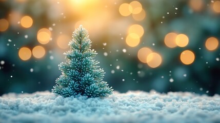 Obraz premium Small Christmas tree in snowy scene with bokeh lights.