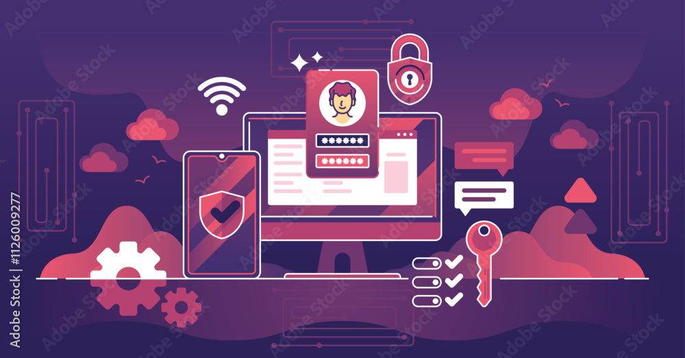 Poster application security focuses on protecting data. key objects, computer, smartphone, lock. dark theme