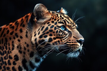 Obraz premium Close-up profile of a leopard with striking blue eyes, showcasing its unique coat pattern. Perfect for wildlife, nature, or animal-themed projects needing a powerful, majestic image.