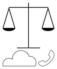 Justice scale balanced above cloud and telephone receiver symbolizing legal technology, communication. Ideal for law, technology, communication, cloud services, mobile apps, legal support, digital