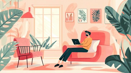 Person works on laptop,  cozy room, plants.