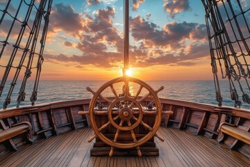 Wooden ship wheel at sunset over ocean. Perfect for travel, adventure, or nautical themes.