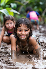 Fototapeta premium Children playing with mud outdoors, capturing the freedom and fun of childhood