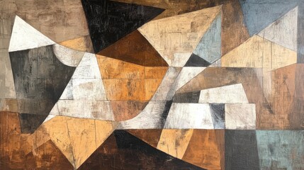 Layered cubist abstraction featuring intersecting planes of muted earth tones