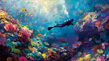 Diver exploring vibrant coral reef teeming with colorful fish.