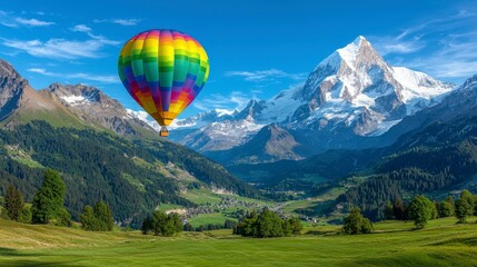 Fototapeta premium Hot Air Balloon Soaring Over Majestic Mountain Valley Landscape