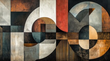 Layered geometric abstraction with intricate shapes and muted earthy tones