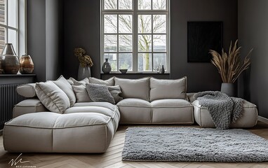 Fototapeta premium Modern living room with a comfortable sectional sofa, rug, and window view.
