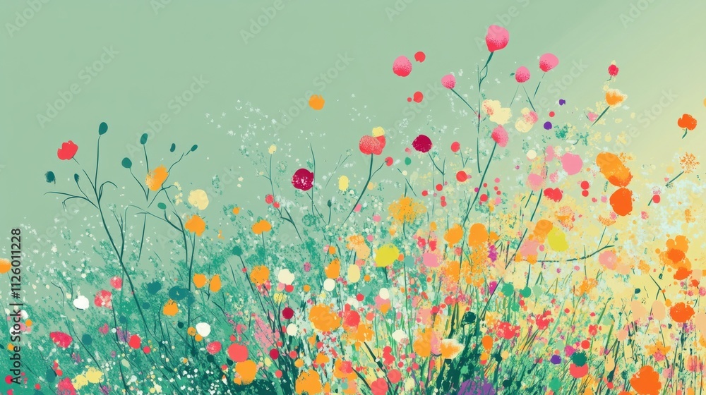 Poster abstract patterns of wildflowers in a meadow, rendered with vibrant splashes of color on a soft gree