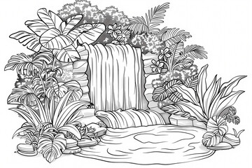 A tranquil waterfall scene surrounded by lush tropical plants, perfect for a relaxing coloring experience.