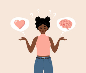Brain and Heart Balance. Mental Health concept. Cartoon African Female Character Making Life Decision. Vector illustration in flat style.