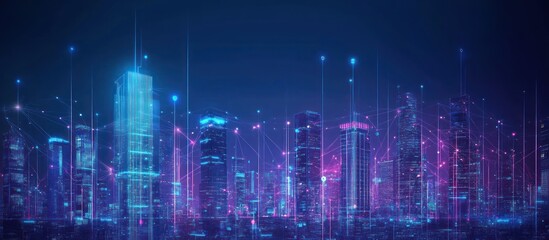 Fototapeta premium Futuristic city skyline at night, illuminated with digital network connections.