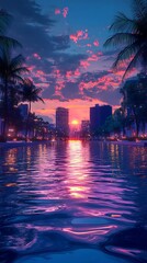 Obraz premium A vibrant sunset over a city skyline reflected in calm water, surrounded by palm trees.