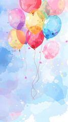 A beautiful scene of colorful balloons floating in a whimsical watercolor sky, ideal for joy and celebration themes. Its artistic and cheerful, perfect for festive and playful designs
