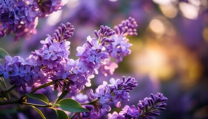 Fototapeta premium Soft purple lilacs illuminated by the setting sun