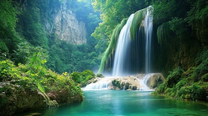 Serene Waterfall in Lush Green Paradise: A Breathtaking Nature Escape