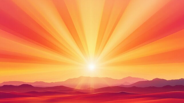 Abstract sunburst over a desert horizon, with glowing gradients of orange, red, and pink blending into the sky - Powered by Adobe