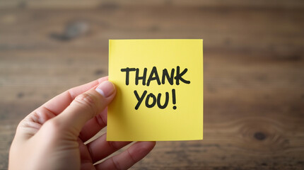 Hand holding a &lsquo;THANK YOU!&rsquo; sticky note on a wooden table.