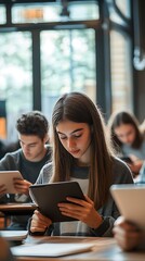 Focused teenage girl using tablet in classroom.