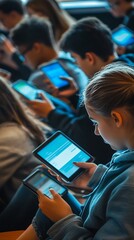 Students using tablets and smartphones in class.