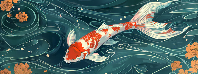 A beautifully illustrated koi fish glides gracefully through dark waters adorned with orange lotus flowers, creating a serene and harmonious scene.