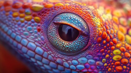 Naklejka premium close-up of a colorful reptile eye with intricate patterns