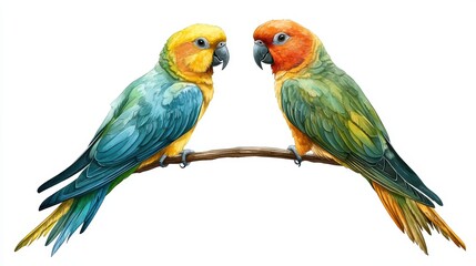 Two colorful parrots perched on a branch, showcasing vibrant plumage.
